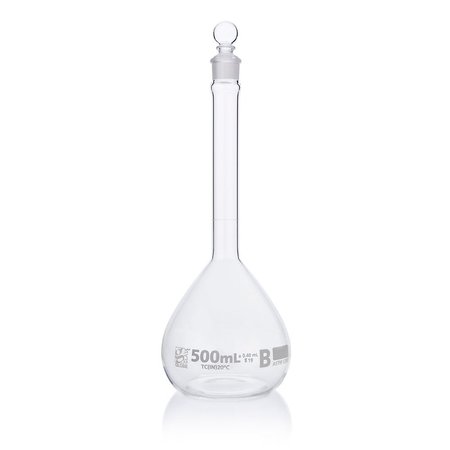 GLOBE SCIENTIFIC Flask, Volumetric , Globe Glass, 500mL, Class B, To Contain (TC), ASTME288, 6/Box 8250500